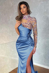 Newinlook Dark Purple Appliques Mermaid High Collar Evening Dress With Beadings Split