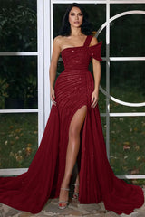 Newinlook Gorgeous One Shoulder Long Mermaid Evening Dress Ruffles With Beadings