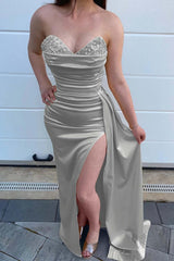 Newinlook Yellow Beads Mermaid Sweetheart Evening Dress Split With Ruffles