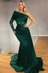 Newinlook Sexy Black One Shoulder Long Sleeve Mermaid Evening Dress Long Sequins With Ruffles