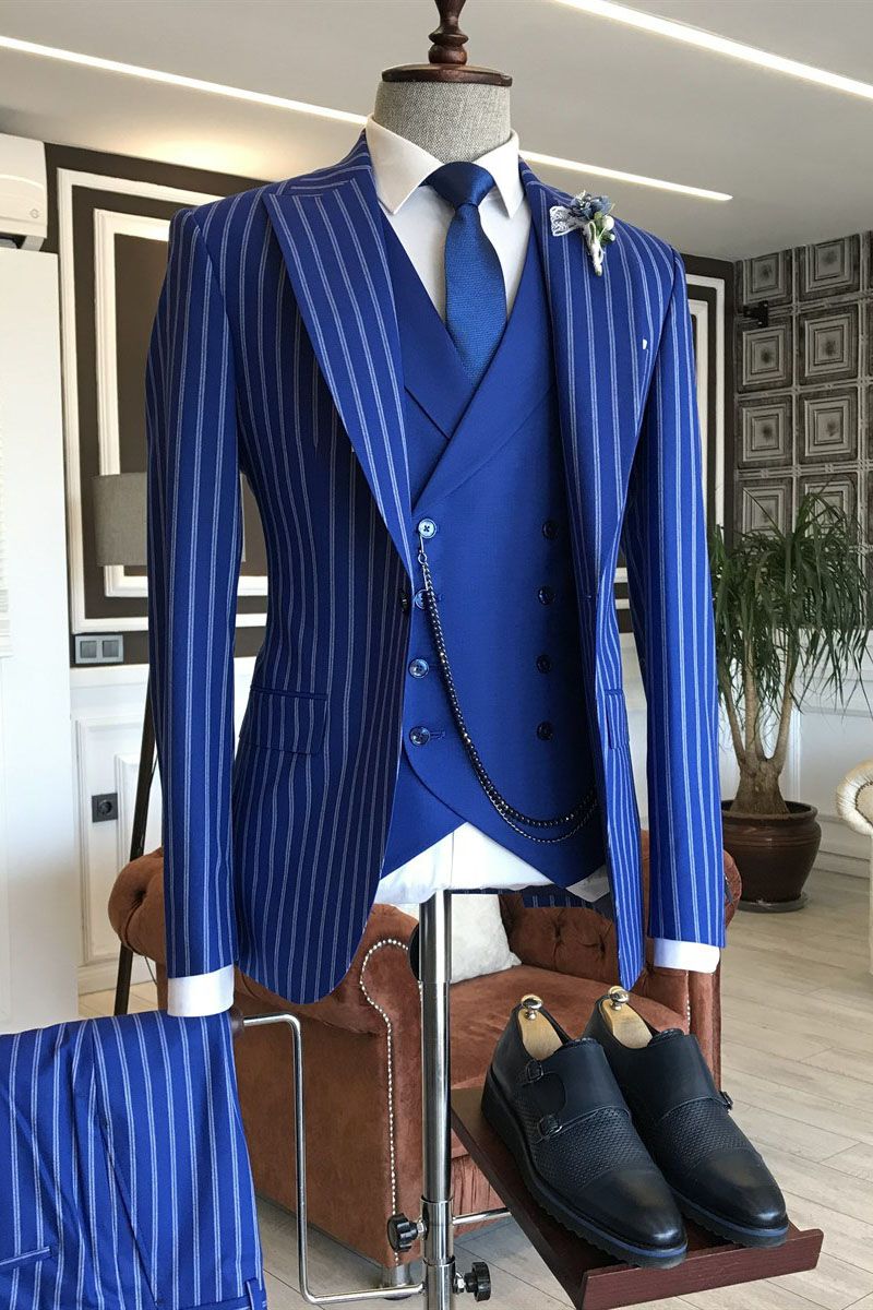 Newinlook Gentle Blue Three-Piece Bespoke Suit with Peaked Lapel and Stripes