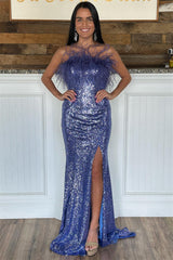 Newinlook Fashionable Strapless Sequins Slit Mermaid Evening Dress With Feather
