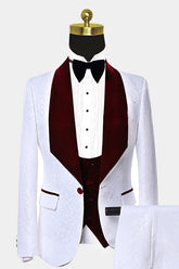 Newinlook Shining Burgundy Velvet Prom Suit for Men with White Jacquard Lapel