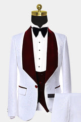 Newinlook Shining Burgundy Velvet Prom Suit for Men with White Jacquard Lapel