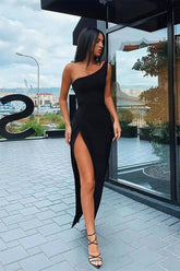 Newinlook Black Elegant Front Split Evening Dress With Sleeveless One Shoulder
