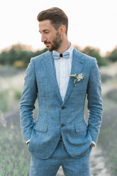 Newinlook Ocean Blue Linen Summer Beach Groom’s Wedding Suit