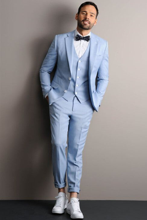 Newinlook Popular Sky Blue Three-Piece Groom Suit with Notched Lapel for Prom