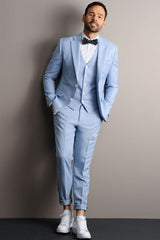 Newinlook Popular Sky Blue Three-Piece Groom Suit with Notched Lapel for Prom