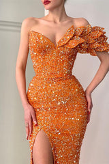 Newinlook Glitter Orange V-Neck Mermaid Split Off-The-Shoulder Evening Dress With Sequins