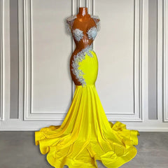 Beautiful Yellow Long Scoop Mermaid Prom Dresses with Beadings and Tassels