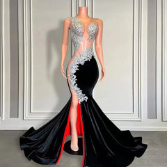 Designer Sleeveless Long Black Velvet Mermaid Formal Dresses with Appliques and Beads