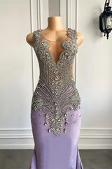 Elegant Lilac Mermaid Prom Dresses with Scoop Neckline Sleeveless and Crystal Beadings