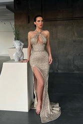Newinlook Halter Sleeveless Mermaid Long Sequins Evening Dress With Split