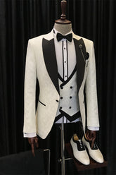 Newinlook Alvin White Jacquard Three-Piece Wedding Suit with Black Peaked Lapel