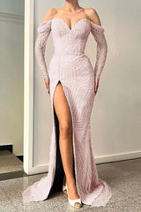 Newinlook Blue Long Sleeves Off-The-Shoulder Sequins Evening Dress Sweetheart With Split Mermaid