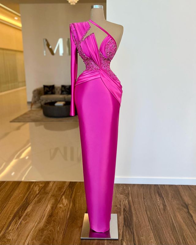 Newinlook Noble Fuchsia One Shoulder Long Sleeve Mermaid Evening Dress With Beads