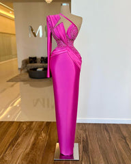 Newinlook Noble Fuchsia One Shoulder Long Sleeve Mermaid Evening Dress With Beads