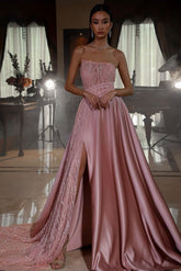 Pink Strapless A Line Sleeveless Sequins Long Formal Dress With Front Split