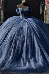 Navy Blue Off-Shoulder Ball Gown Pleated Tulle Quinceanera Dress with Lace-Up Back & Applique Details for Sweet 16 & Birthday Parties