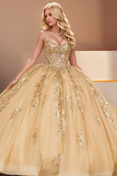 Gold Sequin Ball Gown with Sweetheart Neckline & Lace Appliques Perfect for Quinceanera & Sweet 16