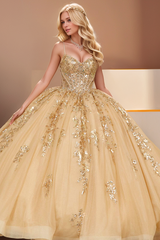 Gold Sequin Ball Gown with Sweetheart Neckline & Lace Appliques Perfect for Quinceanera & Sweet 16