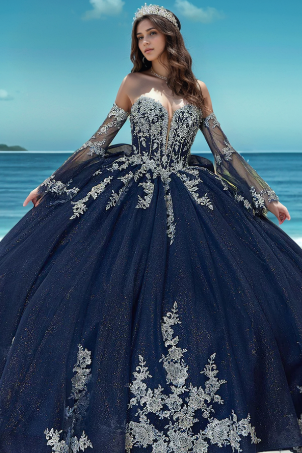 Navy Blue Tulle Quinceanera Dress Strapless Ball Gown with Detachable Bell Sleeves Beaded Appliques & Lace-Up Bow