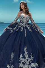 Navy Blue Tulle Quinceanera Dress Strapless Ball Gown with Detachable Bell Sleeves Beaded Appliques & Lace-Up Bow