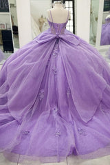 Lilac Sparkle Ball Gown Sweetheart Neckline with 3D Beaded Flowers & Pleated Bow for Quinceanera Sweet 16 or Princess Birthday Party