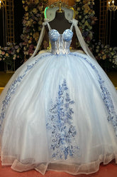 Off-Shoulder Ball Gown Beaded Sequins & Baby Blue Tulle Formal Dress for Quinceanera Sweet 16 and Evening Events