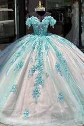 Sky Blue Ball Gown Off-Shoulder Sequined Tulle Quinceanera Dress for Sweet 16 & Formal Evenings
