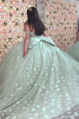 Mint Green Quinceanera Dress Off-Shoulder Ball Gown with 3D Butterflies & Bow Detail for Sweet 16 & Birthday Parties