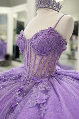 Lilac Sparkle Ball Gown Sweetheart Neckline with 3D Beaded Flowers & Pleated Bow for Quinceanera Sweet 16 or Princess Birthday Party
