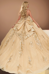 Gold Sequin Ball Gown with Sweetheart Neckline & Lace Appliques Perfect for Quinceanera & Sweet 16