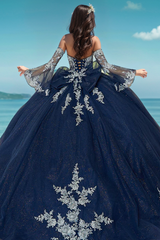 Navy Blue Tulle Quinceanera Dress Strapless Ball Gown with Detachable Bell Sleeves Beaded Appliques & Lace-Up Bow