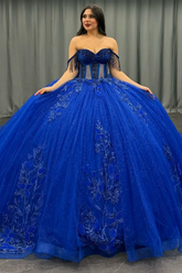 Royal Blue Off-Shoulder Ball Gown Beaded Pleated Tulle Quinceanera Dress for Sweet 16 & Formal Evenings