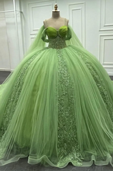 Off-Shoulder Green Tulle Ball Gown with Beaded Appliques Perfect for Quinceanera Sweet 16 & Formal Evenings