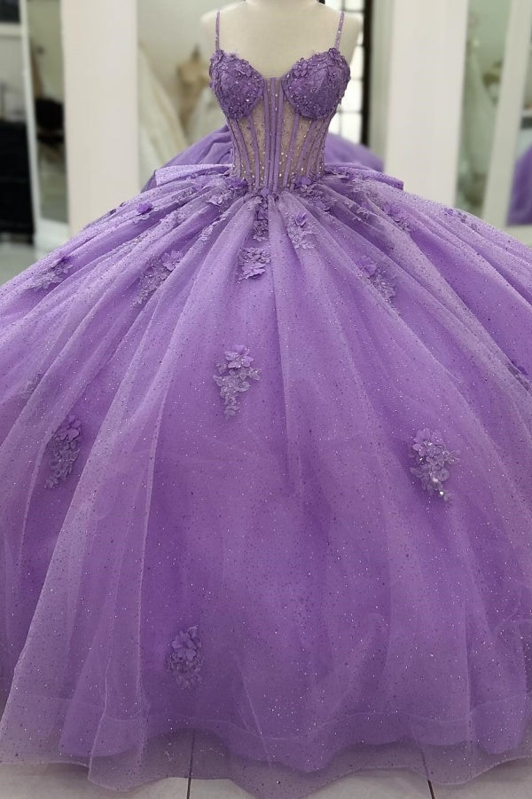 Lilac Sparkle Ball Gown Sweetheart Neckline with 3D Beaded Flowers & Pleated Bow for Quinceanera Sweet 16 or Princess Birthday Party