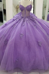 Lilac Sparkle Ball Gown Sweetheart Neckline with 3D Beaded Flowers & Pleated Bow for Quinceanera Sweet 16 or Princess Birthday Party