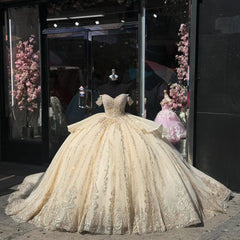 Champagne Gold Beaded Ball Gown Off-Shoulder Sleeveless Quinceanera Dress with Tulle Skirt & Bow Detail for Sweet 16 Birthday & Formal Events