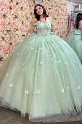 Mint Green Quinceanera Dress Off-Shoulder Ball Gown with 3D Butterflies & Bow Detail for Sweet 16 & Birthday Parties