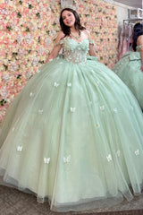 Mint Green Quinceanera Dress Off-Shoulder Ball Gown with 3D Butterflies & Bow Detail for Sweet 16 & Birthday Parties