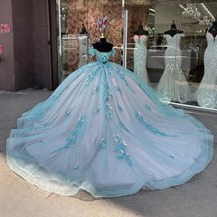 Sky Blue Ball Gown Off-Shoulder Sequined Tulle Quinceanera Dress for Sweet 16 & Formal Evenings
