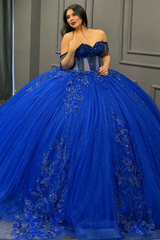 Royal Blue Off-Shoulder Ball Gown Beaded Pleated Tulle Quinceanera Dress for Sweet 16 & Formal Evenings