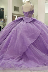 Lilac Sparkle Ball Gown Sweetheart Neckline with 3D Beaded Flowers & Pleated Bow for Quinceanera Sweet 16 or Princess Birthday Party