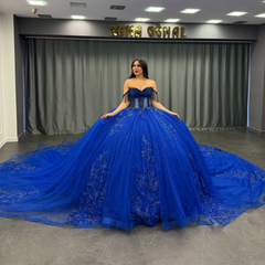 Royal Blue Off-Shoulder Ball Gown Beaded Pleated Tulle Quinceanera Dress for Sweet 16 & Formal Evenings