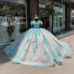 Sky Blue Ball Gown Off-Shoulder Sequined Tulle Quinceanera Dress for Sweet 16 & Formal Evenings