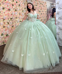 Mint Green Quinceanera Dress Off-Shoulder Ball Gown with 3D Butterflies & Bow Detail for Sweet 16 & Birthday Parties