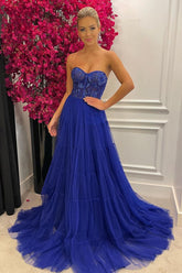 Newinlook Blue Strapless Appliques Tulle A-Line Evening Dress Long