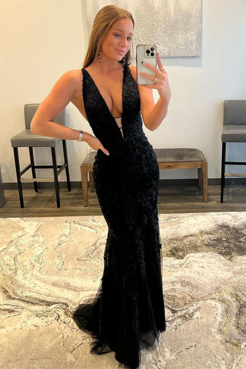 Newinlook Sexy Black Sheer Straps Deep V-Neck Lace Mermaid Evening Dress With Appliques
