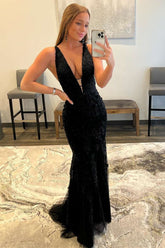 Newinlook Sexy Black Sheer Straps Deep V-Neck Lace Mermaid Evening Dress With Appliques